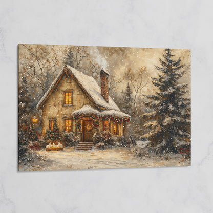 Snowy Cottage in Winter Forest Canvas Print on gallery wrap