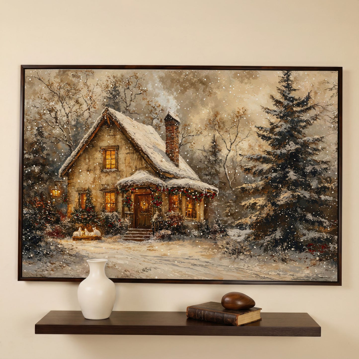 Snowy Cottage in Winter Forest Canvas Print in dark walnut floating frame