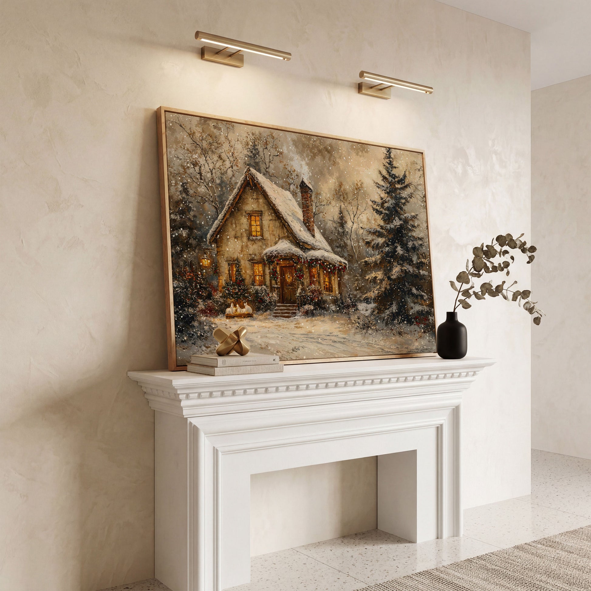 Snowy Cottage in Winter Forest Canvas Print in white oak floating frame