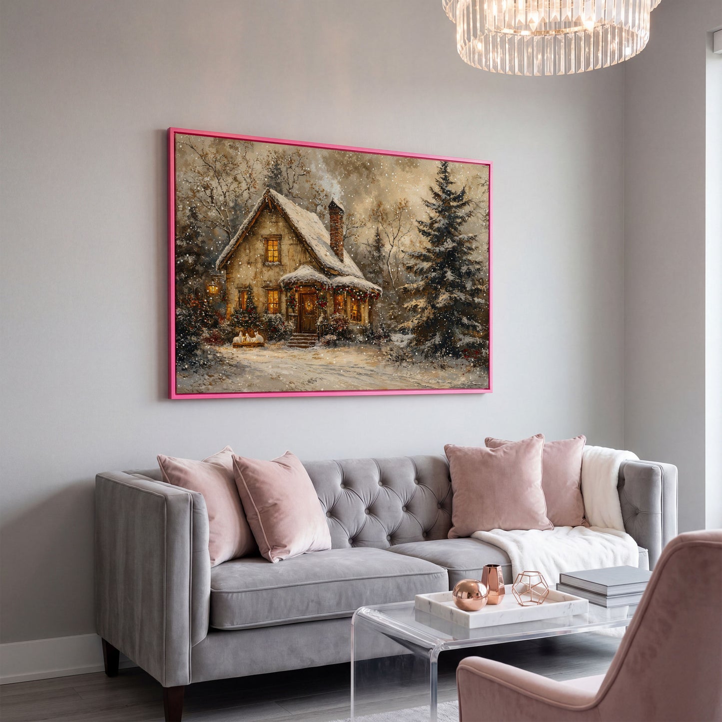 Snowy Cottage in Winter Forest Canvas Print in pink floating frame