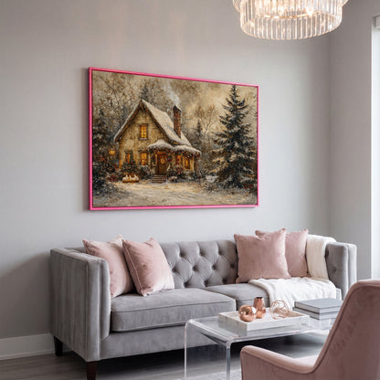 Snowy Cottage in Winter Forest Canvas Print in pink floating frame