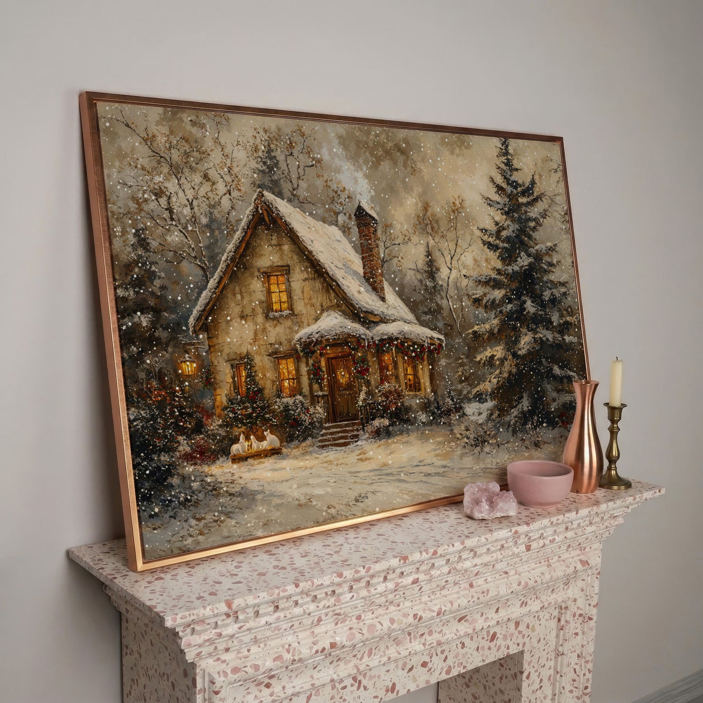 Snowy Cottage in Winter Forest Canvas Print in rose gold floating frame