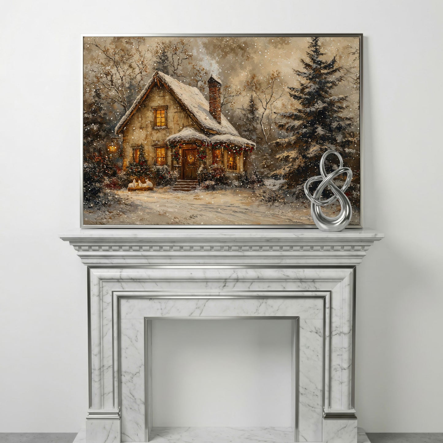 Snowy Cottage in Winter Forest Canvas Print in silver floating frame