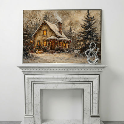 Snowy Cottage in Winter Forest Canvas Print in silver floating frame