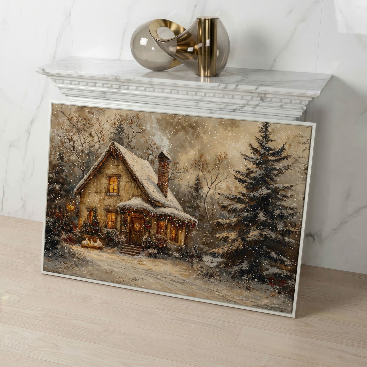Snowy Cottage in Winter Forest Canvas Print in white floating frame