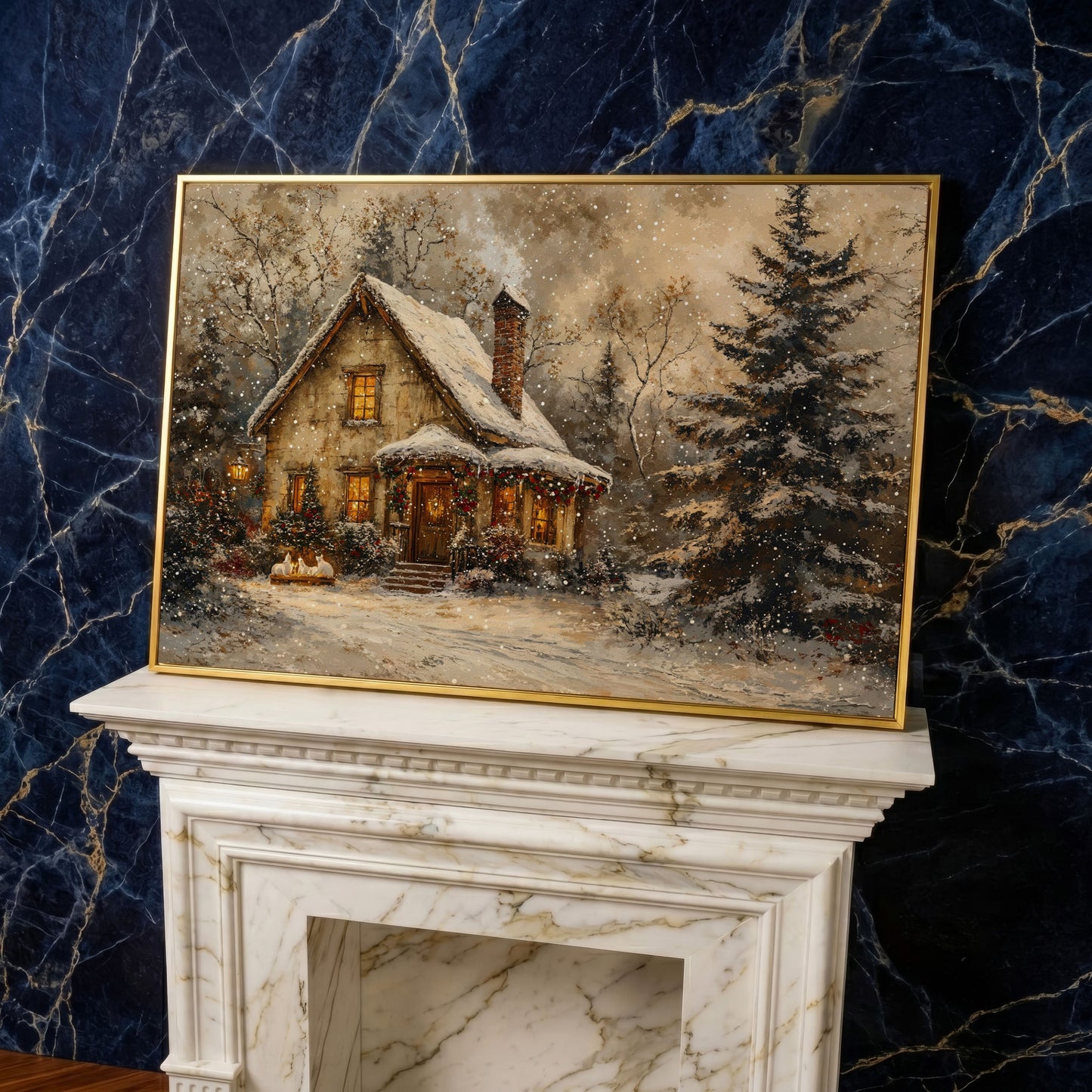 Snowy Cottage in Winter Forest Canvas Print in yellow gold floating frame