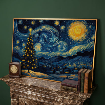 Winter Night Swirling Sky Christmas Tree Canvas in antique gold floating frame