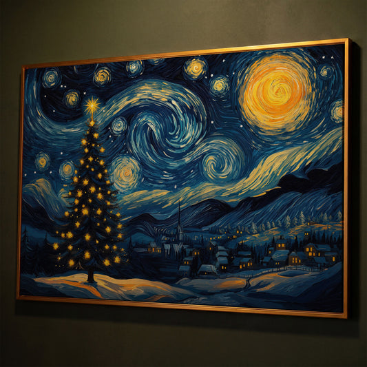 Winter Night Swirling Sky Christmas Tree Canvas shown in antique gold floating frame