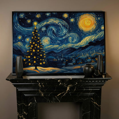 Winter Night Swirling Sky Christmas Tree Canvas in black floating frame
