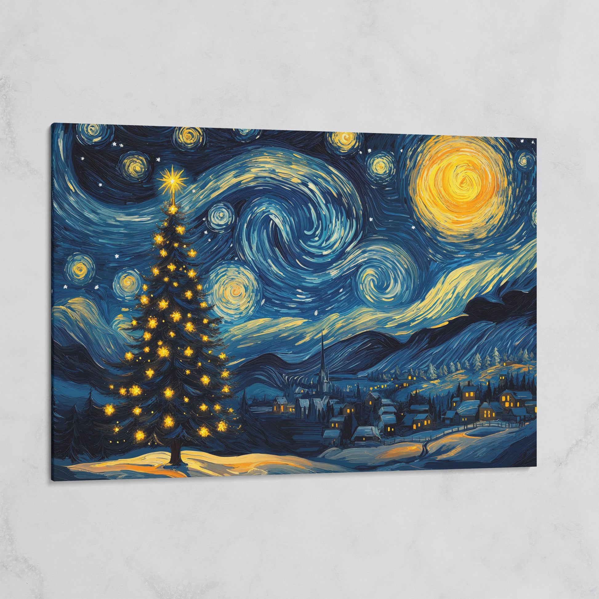Winter Night Swirling Sky Christmas Tree Canvas on gallery wrap