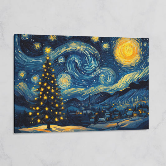 Winter Night Swirling Sky Christmas Tree Canvas on gallery wrap