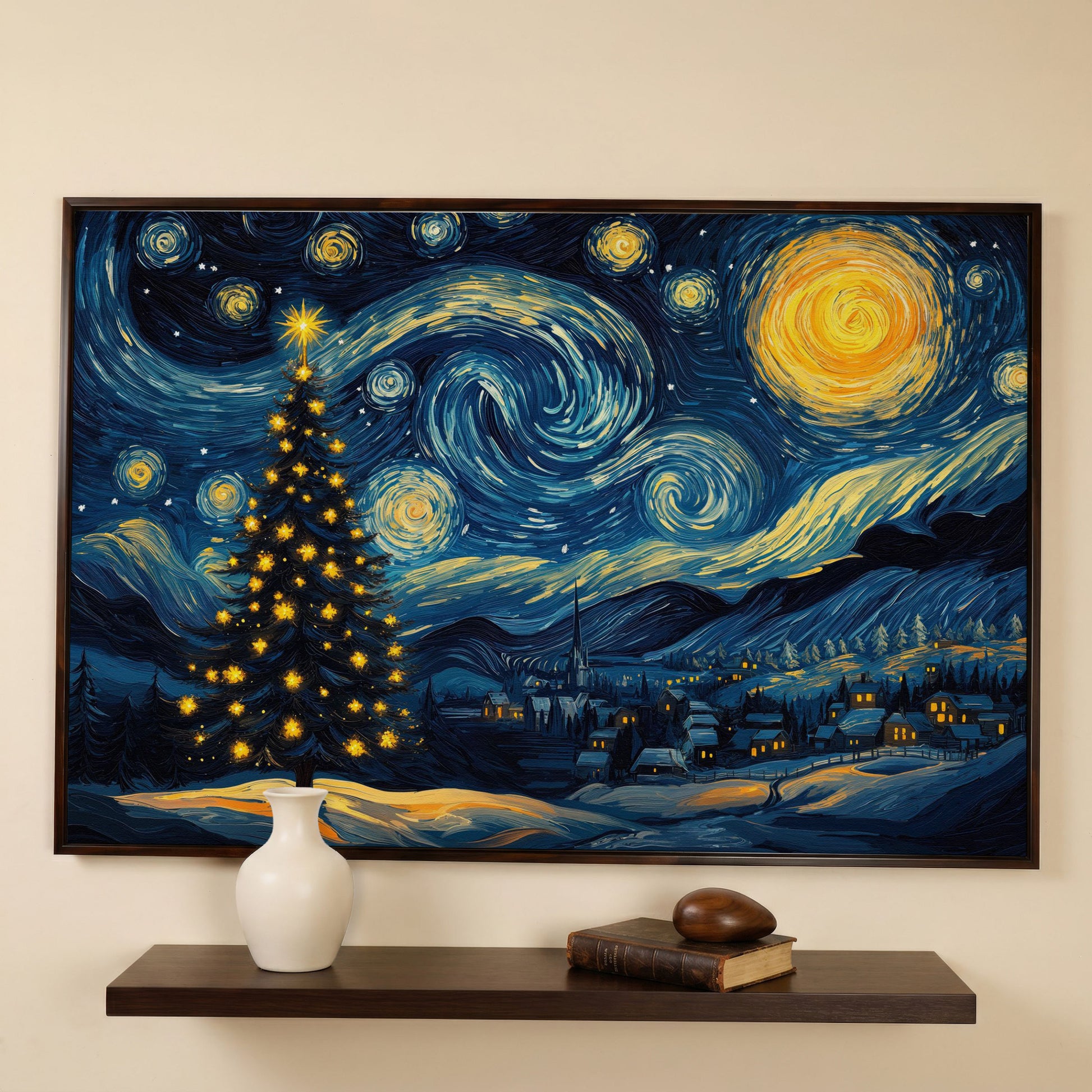 Winter Night Swirling Sky Christmas Tree Canvas in dark walnut floating frame