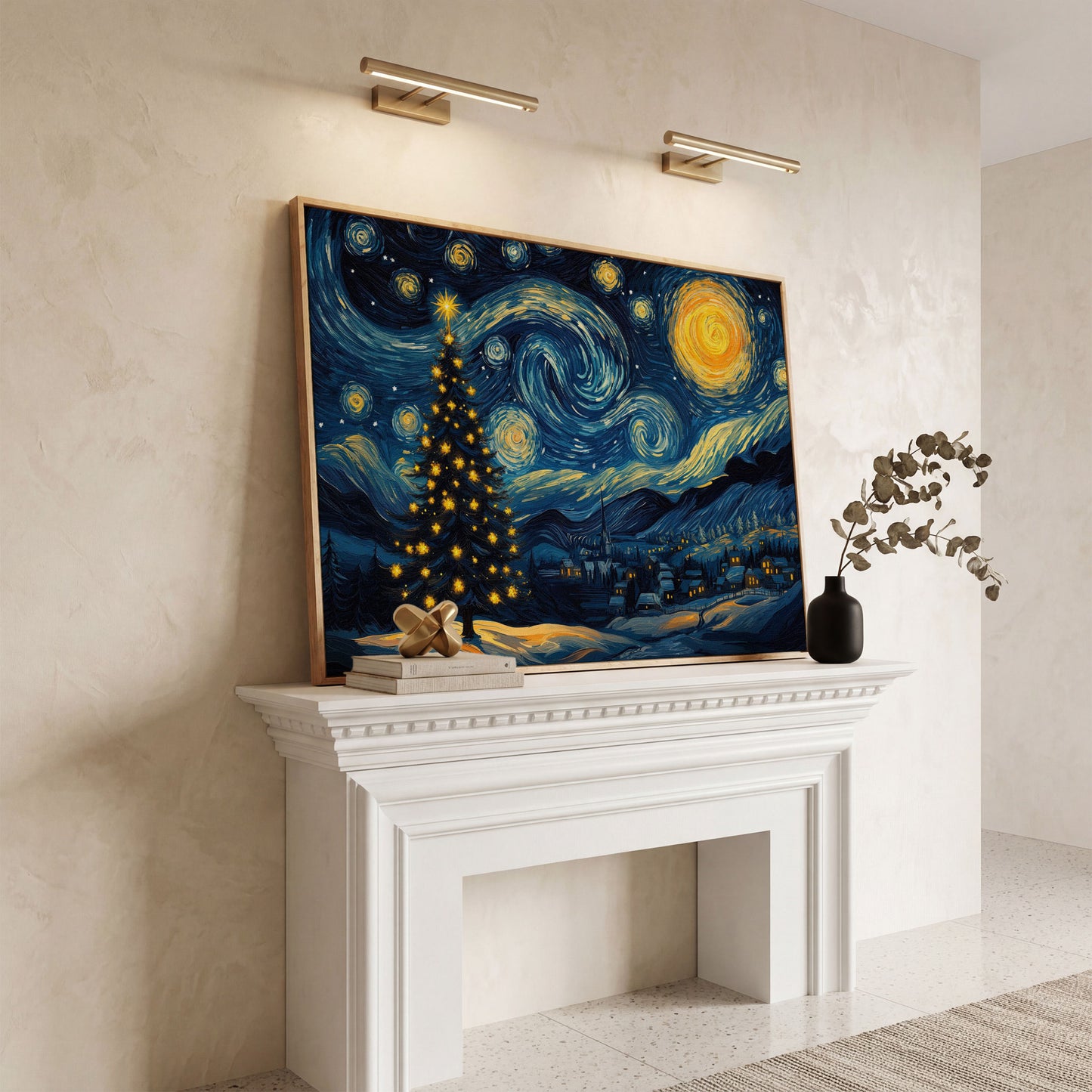 Winter Night Swirling Sky Christmas Tree Canvas in white oak floating frame