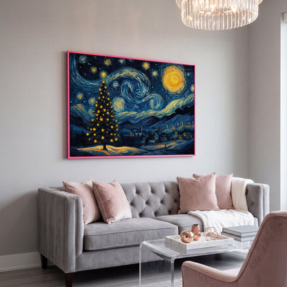 Winter Night Swirling Sky Christmas Tree Canvas in pink floating frame