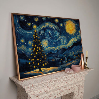 Winter Night Swirling Sky Christmas Tree Canvas in rose gold floating frame