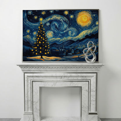 Winter Night Swirling Sky Christmas Tree Canvas in silver floating frame