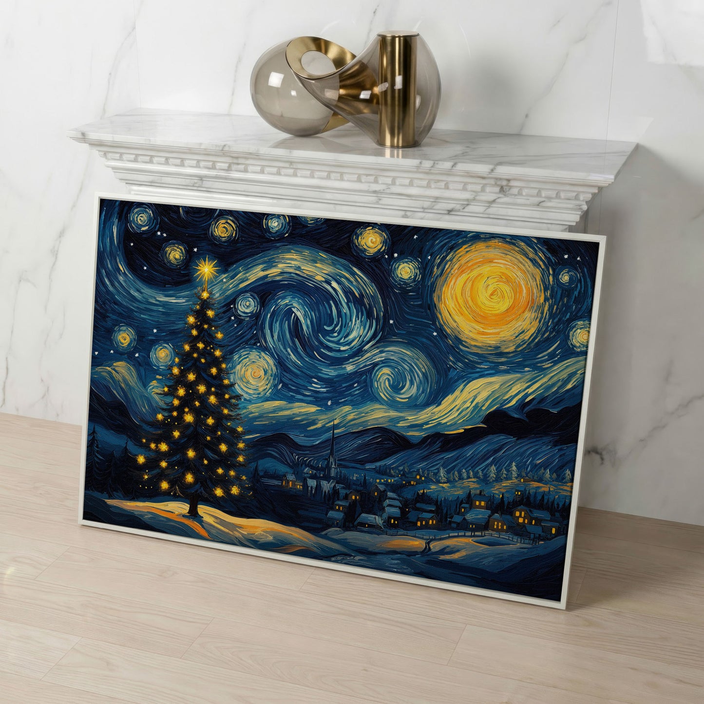 Winter Night Swirling Sky Christmas Tree Canvas in white floating frame