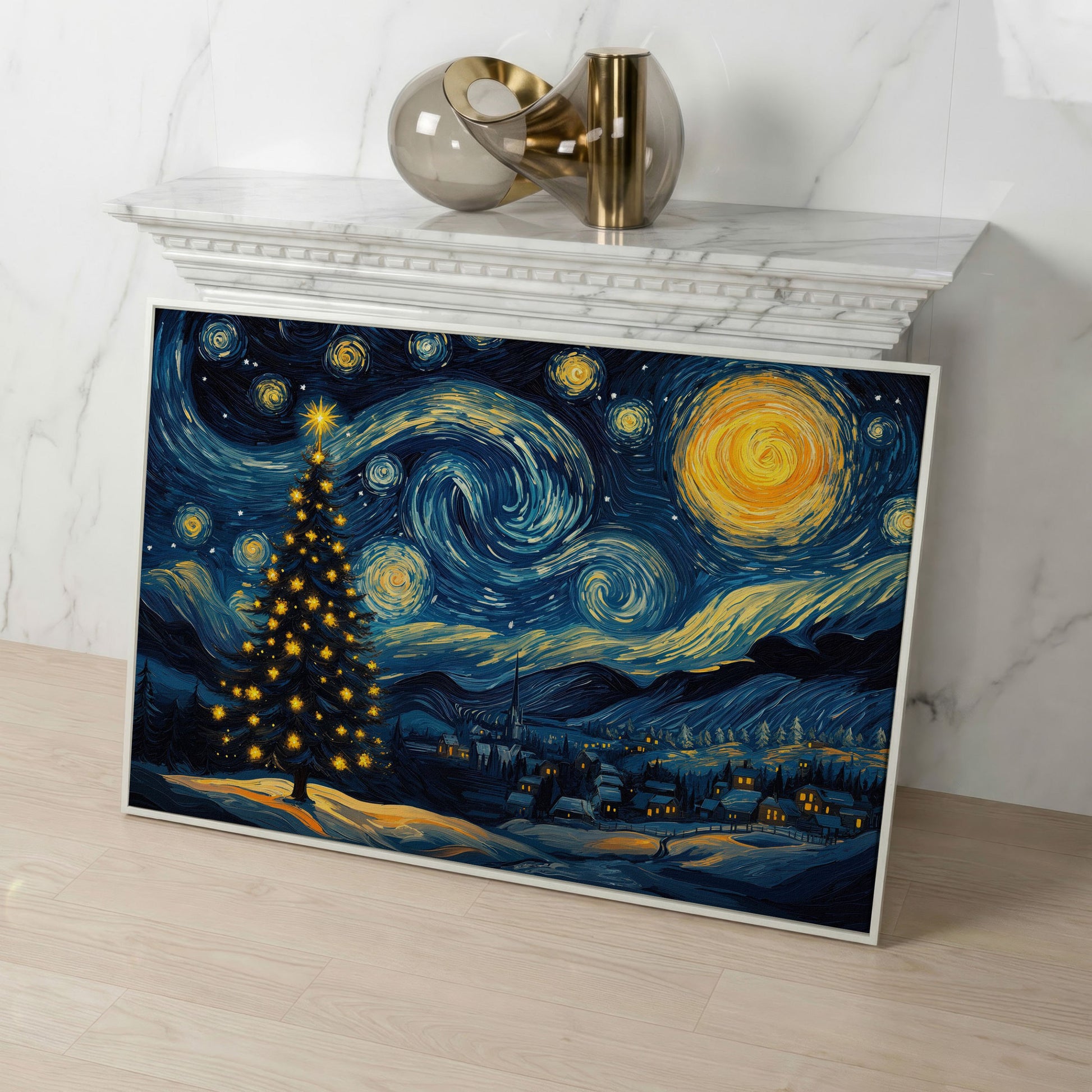 Winter Night Swirling Sky Christmas Tree Canvas in white floating frame