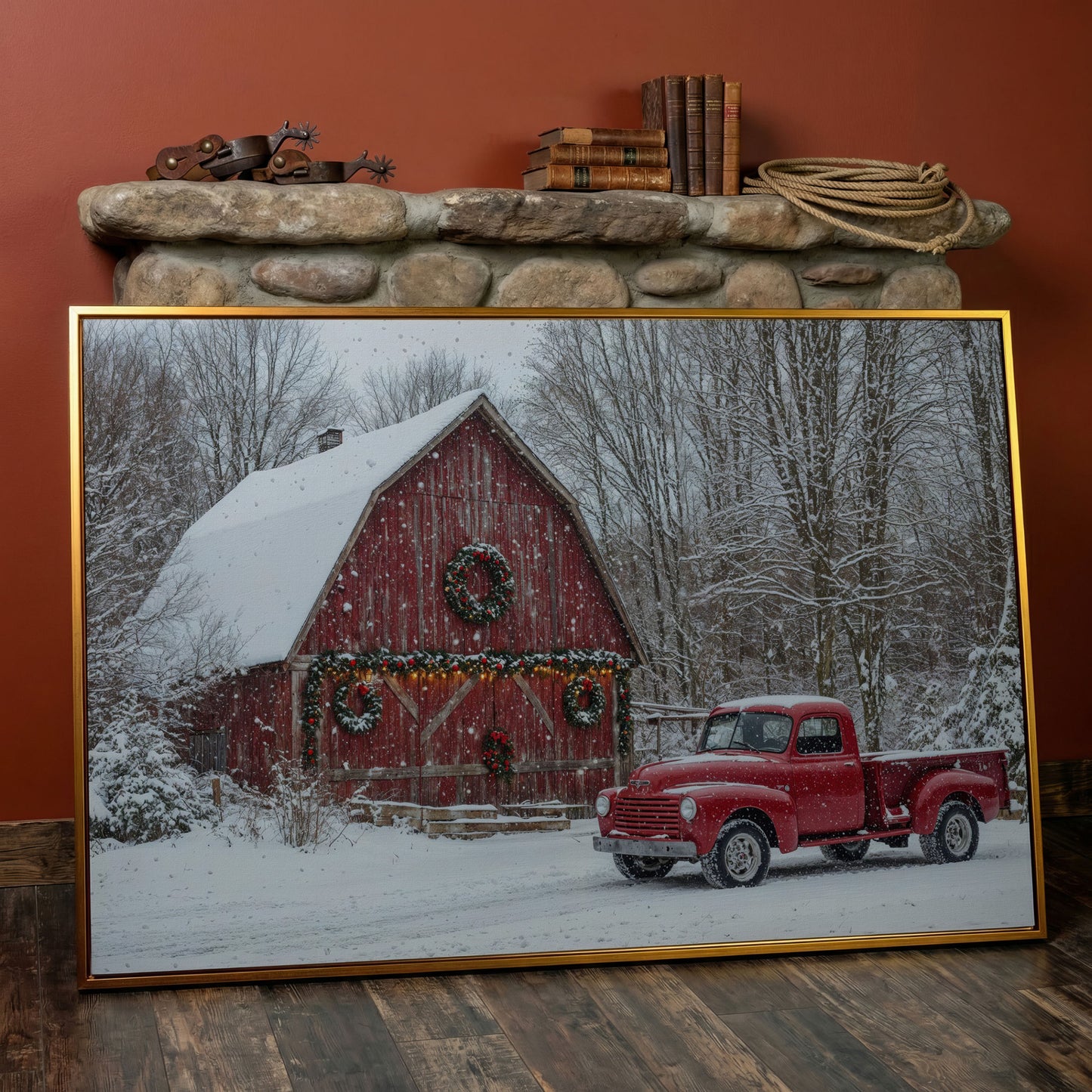 Red Pickup Truck & Snowy Barn Christmas Canvas in antique gold floating frame