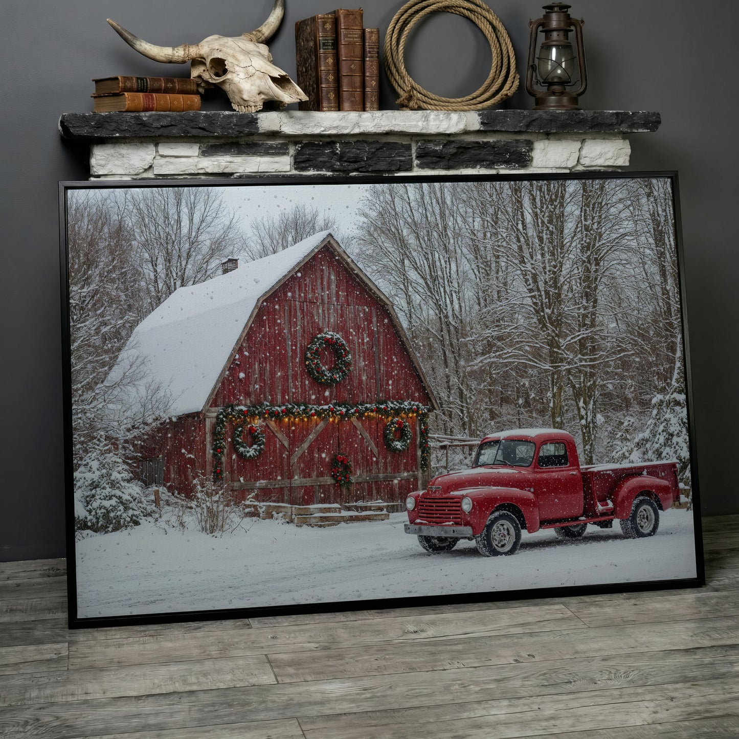 Red Pickup Truck & Snowy Barn Christmas Canvas in black floating frame