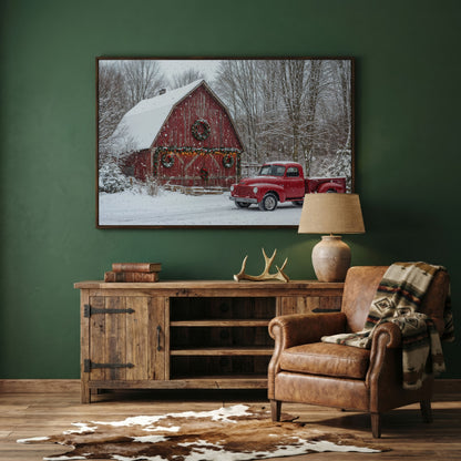 Red Pickup Truck & Snowy Barn Christmas Canvas in dark walnut floating frame