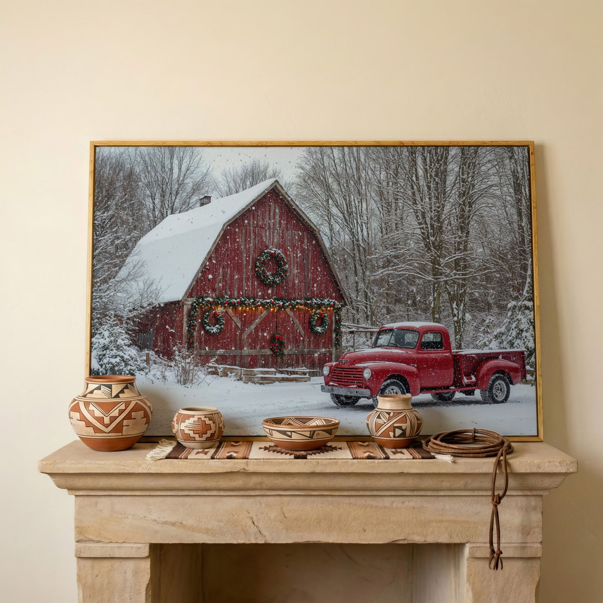 Red Pickup Truck & Snowy Barn Christmas Canvas in white oak floating frame