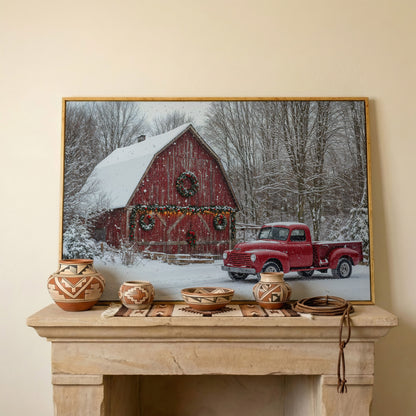 Red Pickup Truck & Snowy Barn Christmas Canvas in white oak floating frame