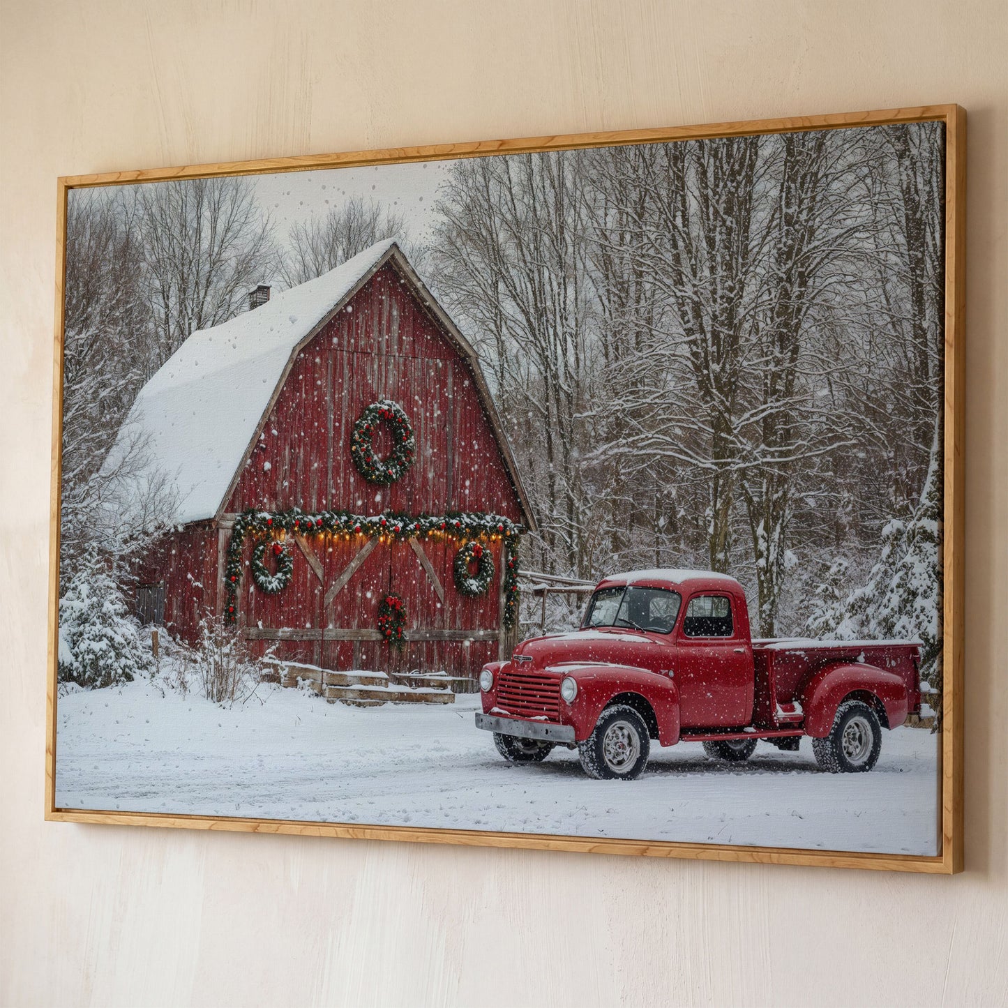 Red Pickup Truck & Snowy Barn Christmas Canvas shown in white oak floating frame