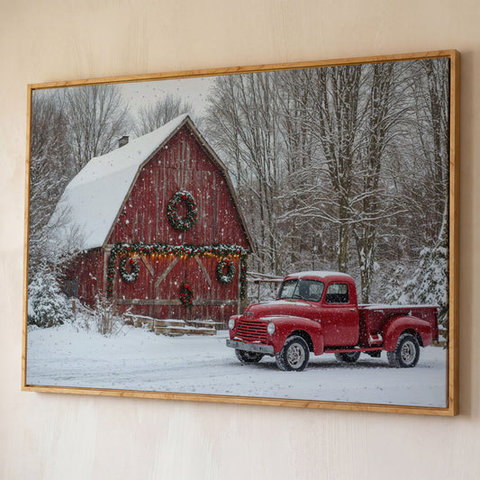 Red Pickup Truck & Snowy Barn Christmas Canvas shown in white oak floating frame