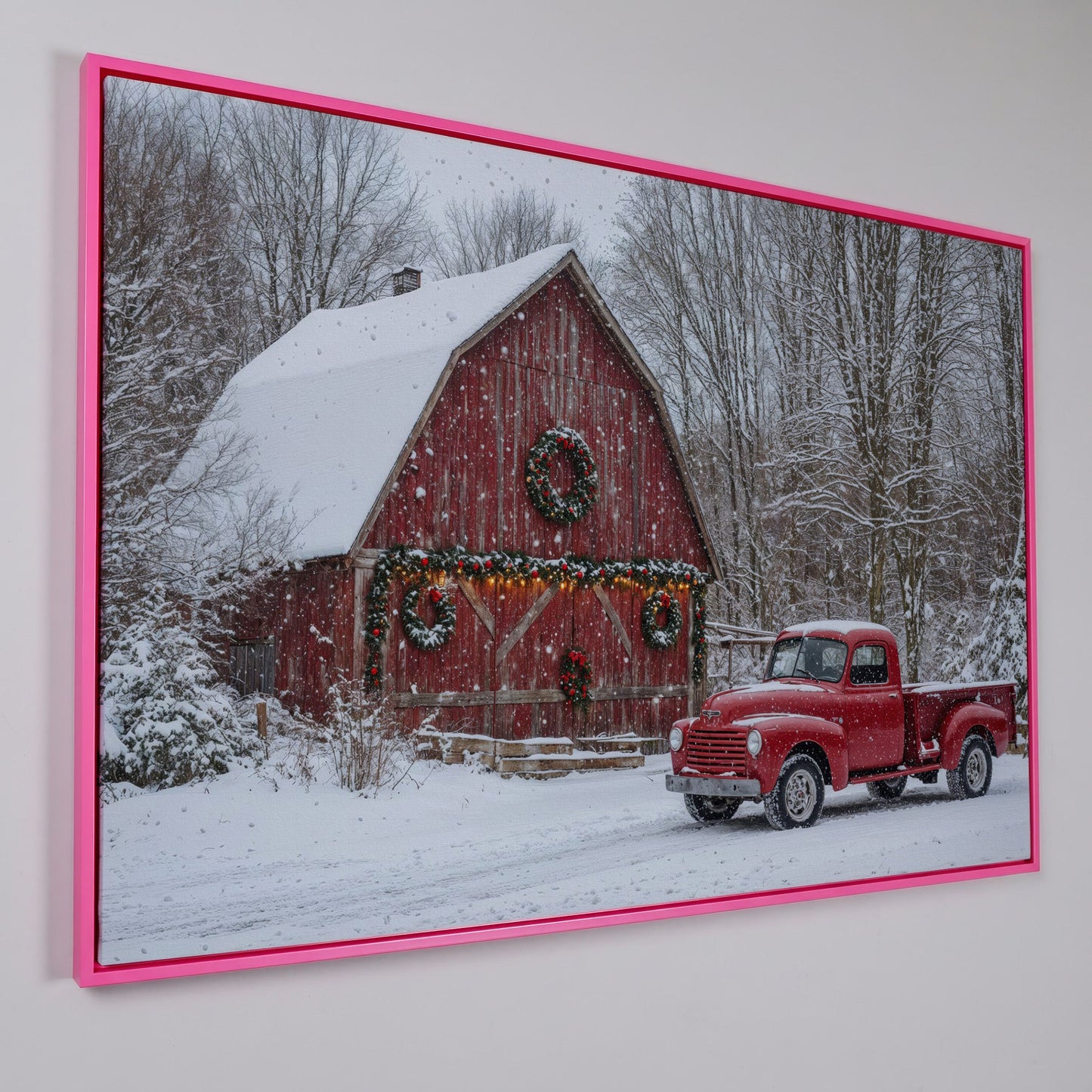 Red Pickup Truck & Snowy Barn Christmas Canvas in pink floating frame