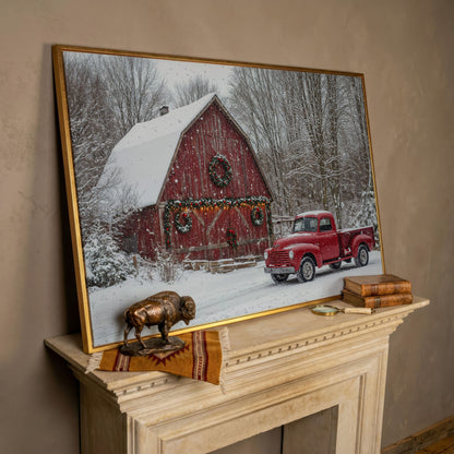Red Pickup Truck & Snowy Barn Christmas Canvas in rose gold floating frame