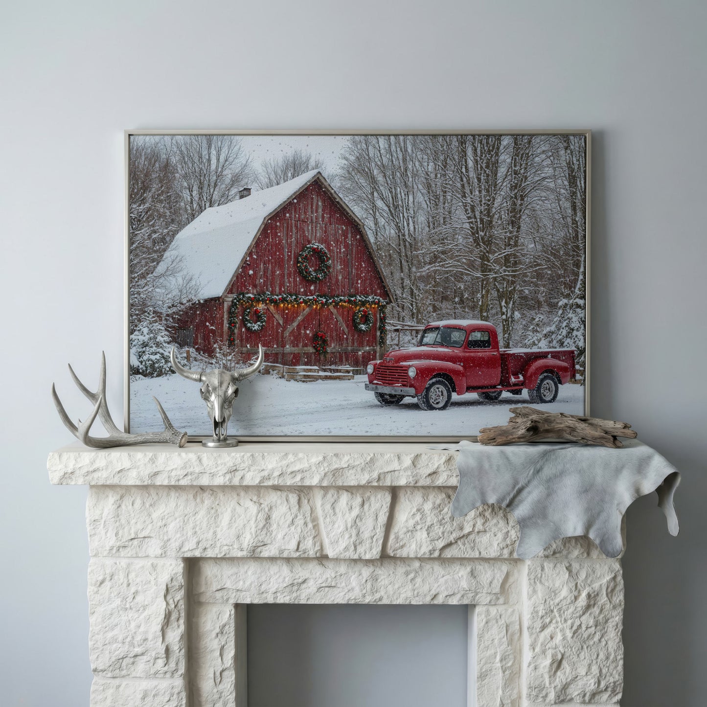 Red Pickup Truck & Snowy Barn Christmas Canvas in silver floating frame