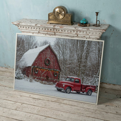 Red Pickup Truck & Snowy Barn Christmas Canvas in white floating frame