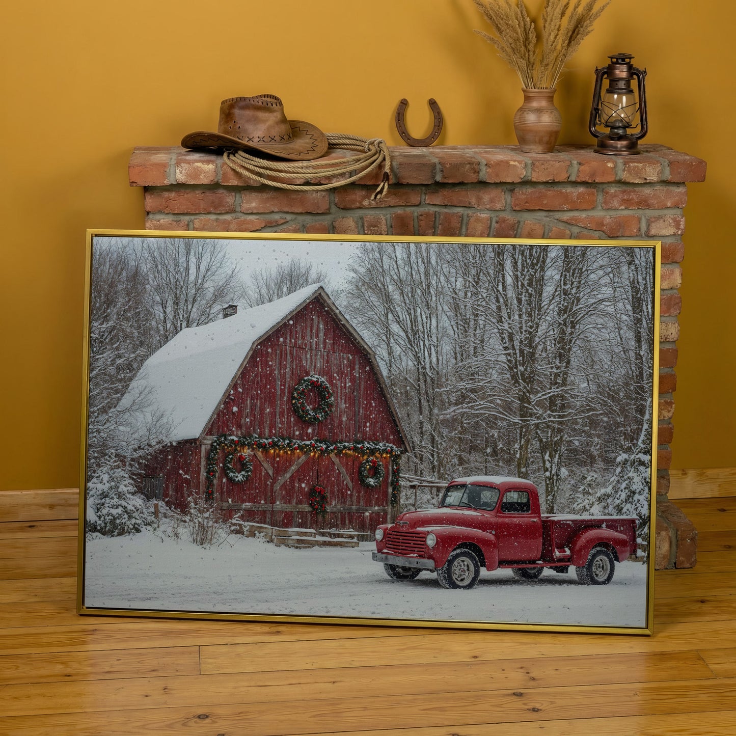 Red Pickup Truck & Snowy Barn Christmas Canvas in yellow gold floating frame