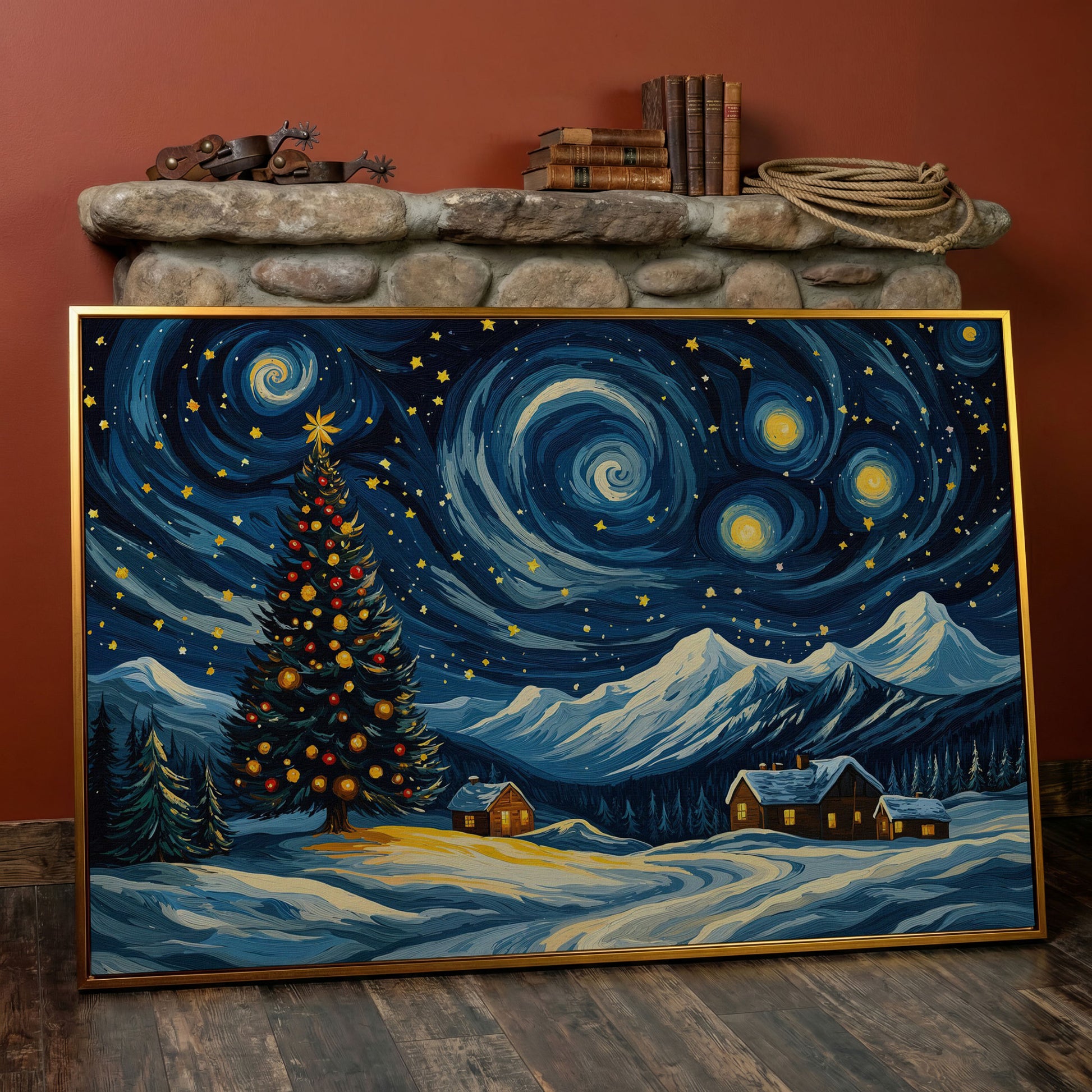 Christmas Tree with Swirling Sky Canvas Print in antique gold floating frame