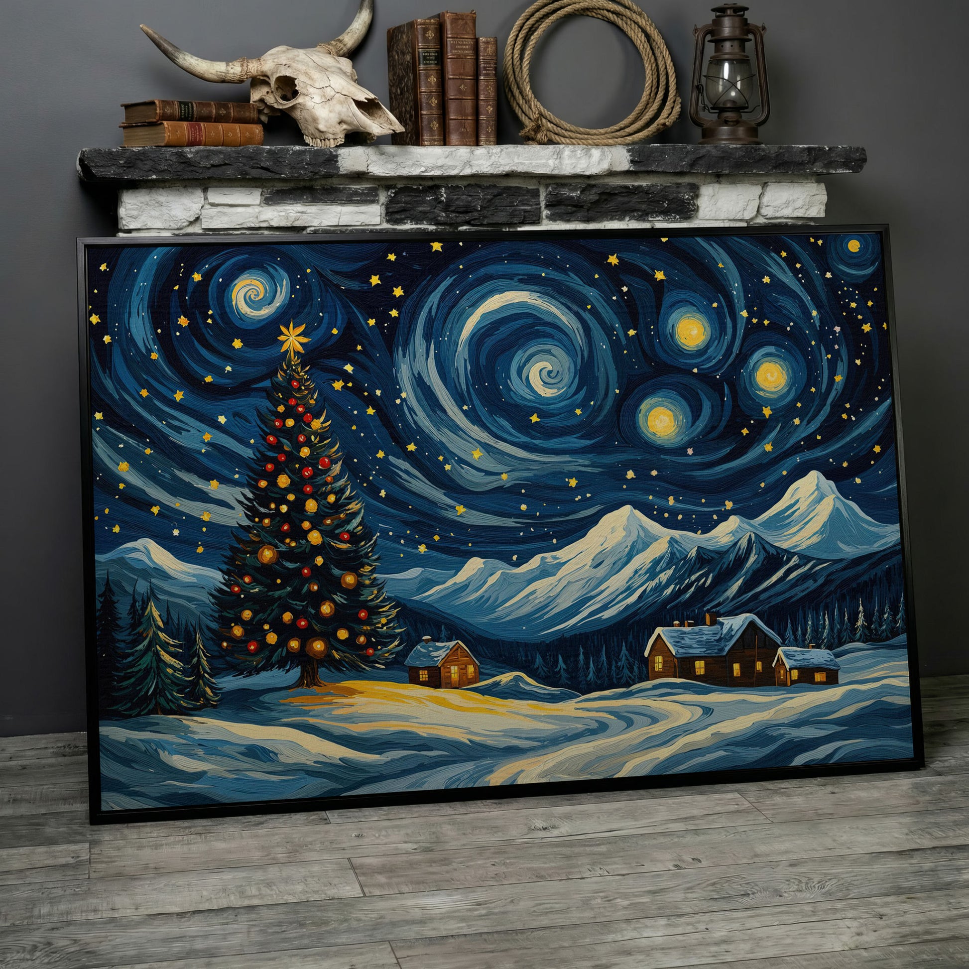 Christmas Tree with Swirling Sky Canvas Print in black floating frame