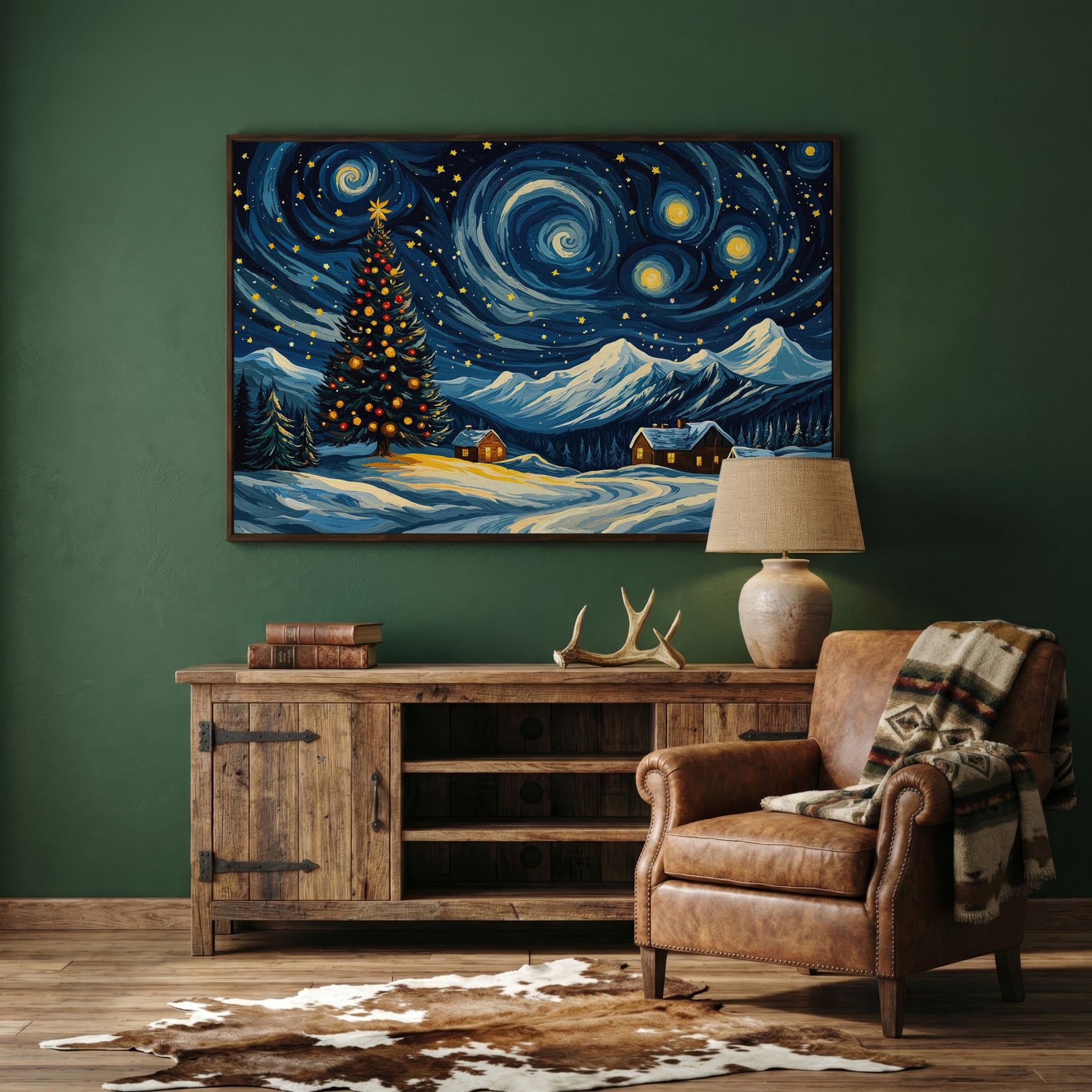 Christmas Tree with Swirling Sky Canvas Print in dark walnut floating frame