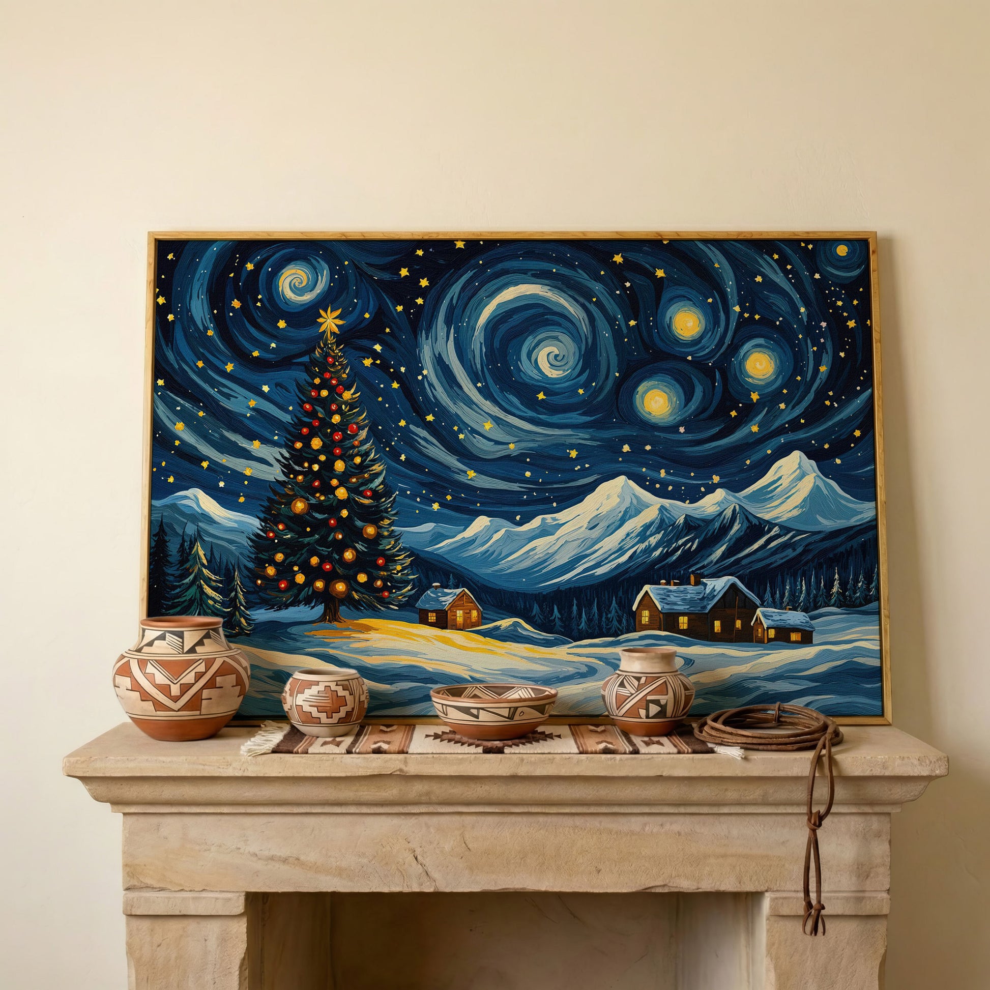 Christmas Tree with Swirling Sky Canvas Print in white oak floating frame