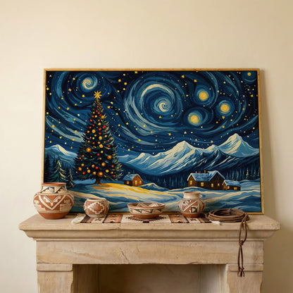 Christmas Tree with Swirling Sky Canvas Print in white oak floating frame