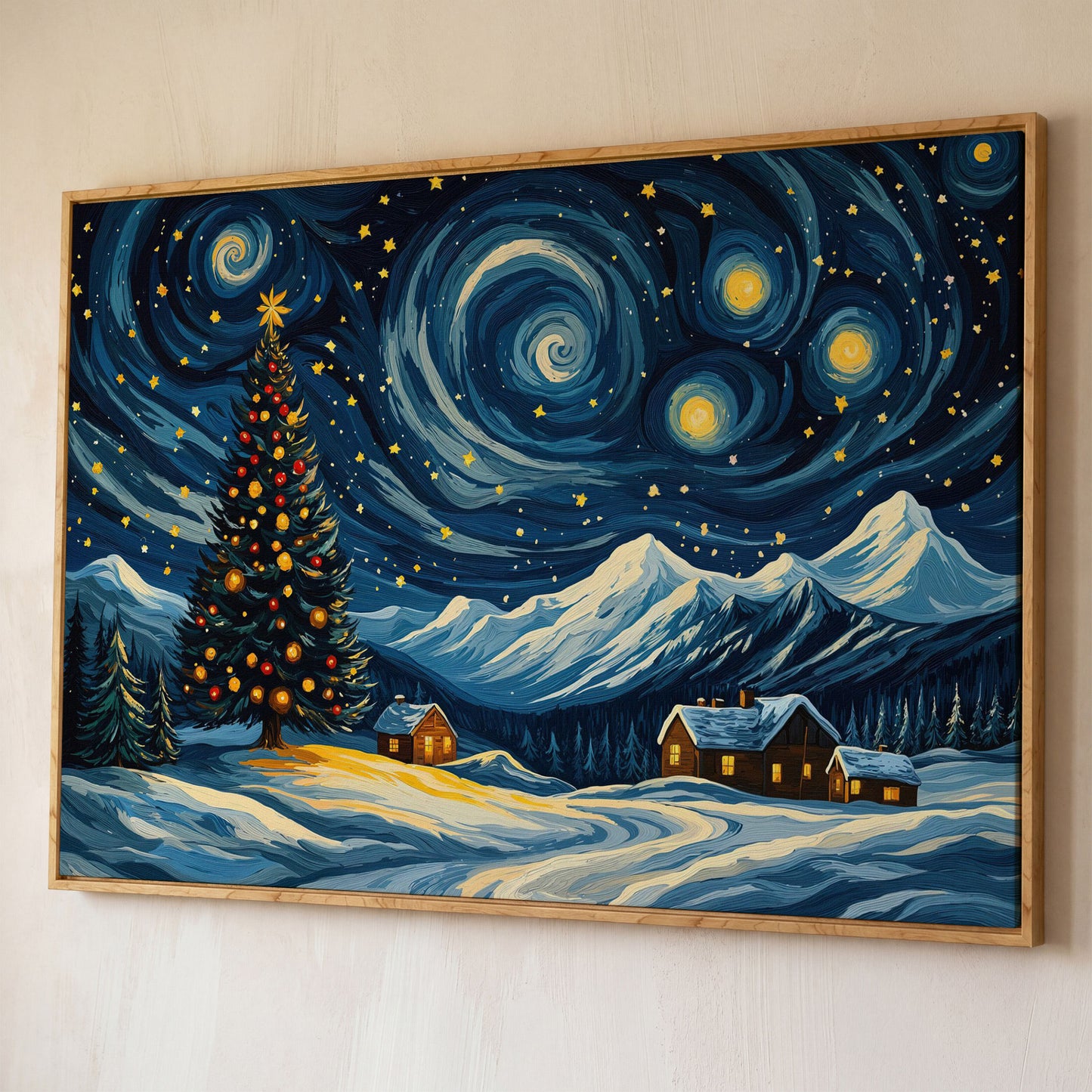Christmas Tree with Swirling Sky Canvas Print shown in white oak floating frame