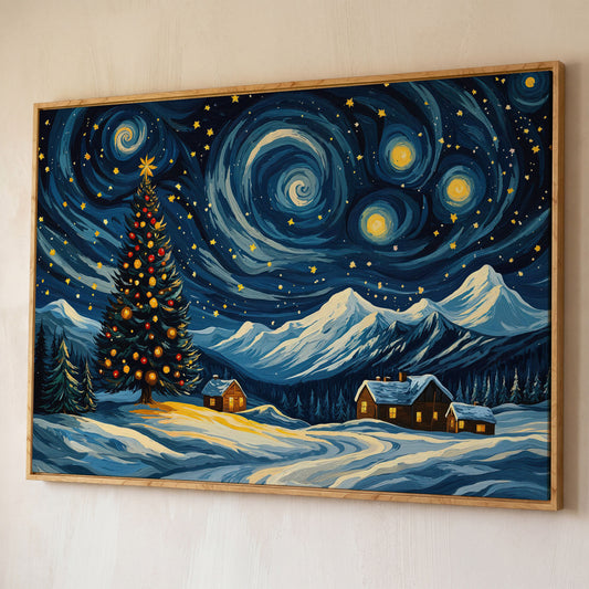 Christmas Tree with Swirling Sky Canvas Print shown in white oak floating frame