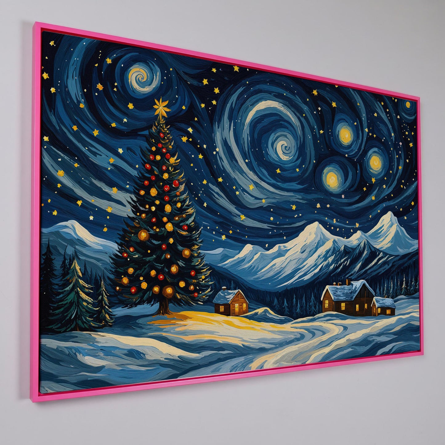Christmas Tree with Swirling Sky Canvas Print in pink floating frame