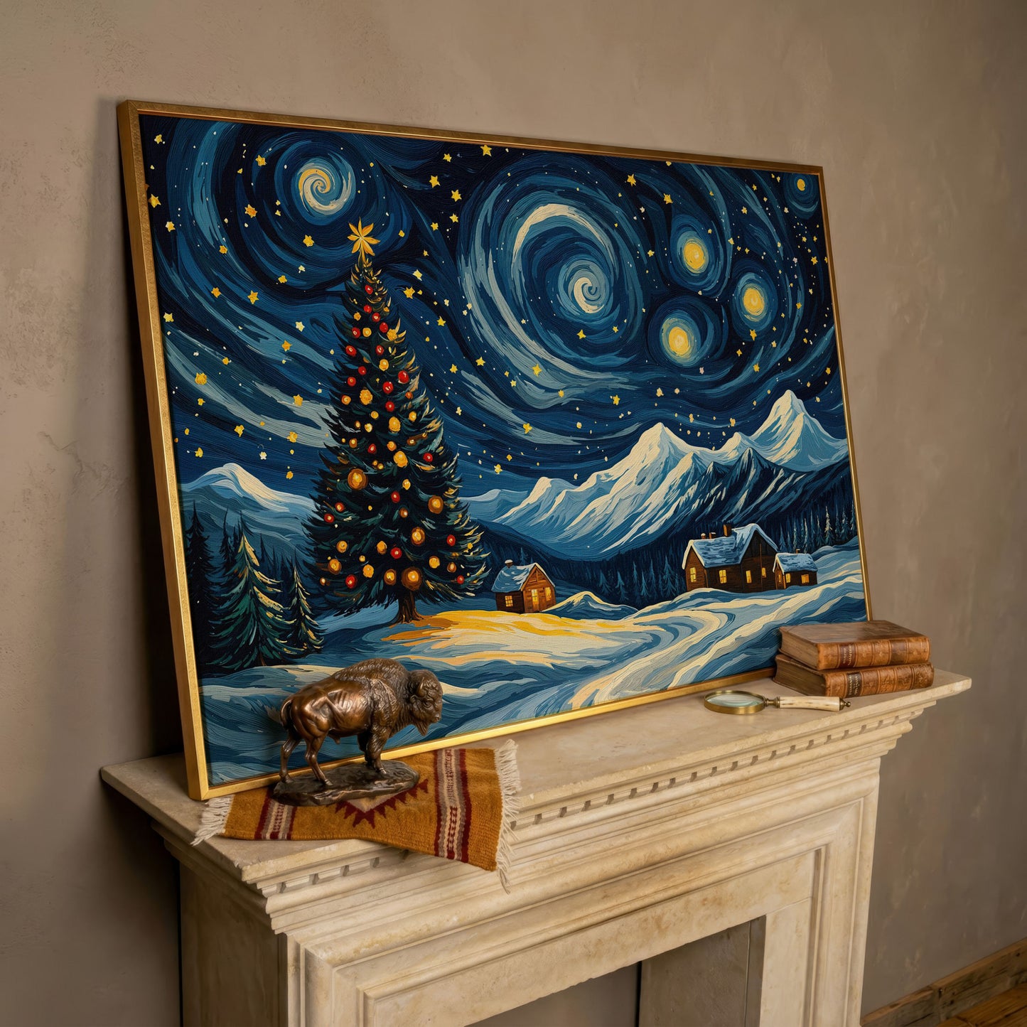 Christmas Tree with Swirling Sky Canvas Print in rose gold floating frame