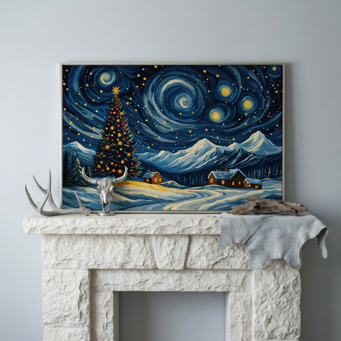 Christmas Tree with Swirling Sky Canvas Print in silver floating frame
