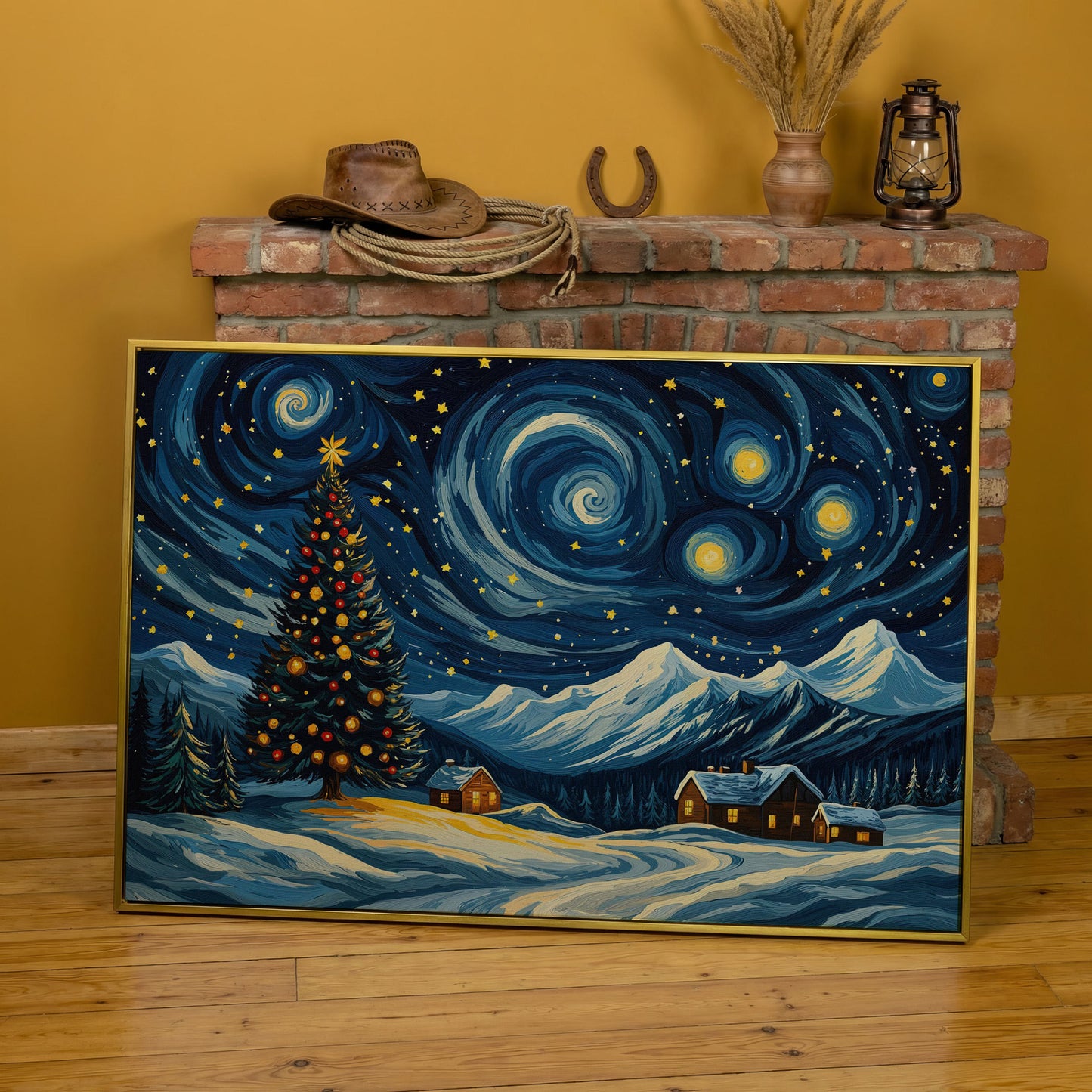 Christmas Tree with Swirling Sky Canvas Print in yellow gold floating frame