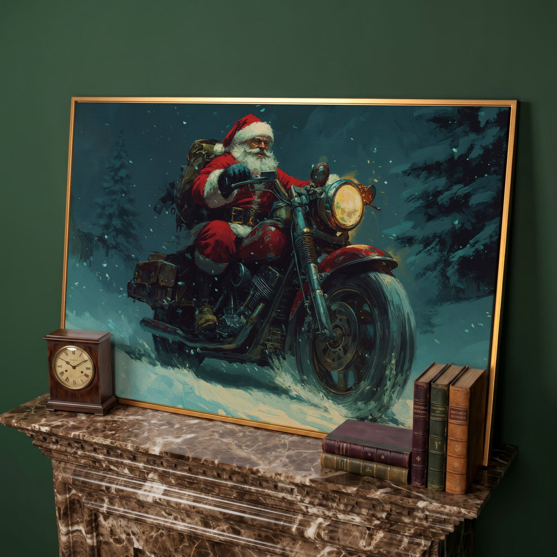 Santa on Motorcycle Canvas Print in antique gold floating frame