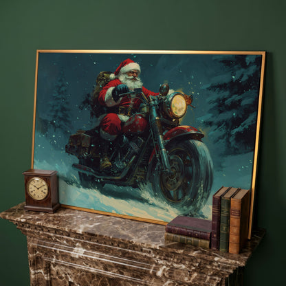 Santa on Motorcycle Canvas Print in antique gold floating frame
