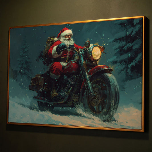 Santa on Motorcycle Canvas Print shown in antique gold floating frame