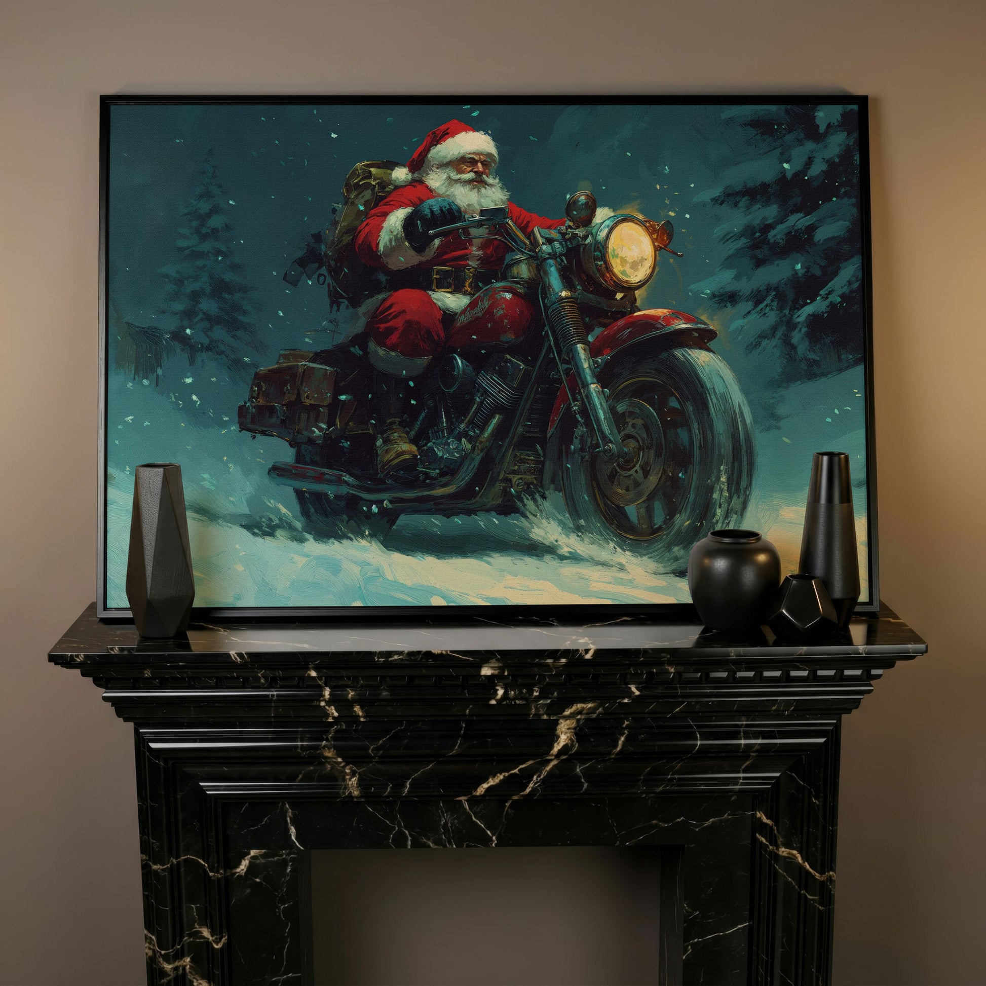 Santa on Motorcycle Canvas Print in black floating frame