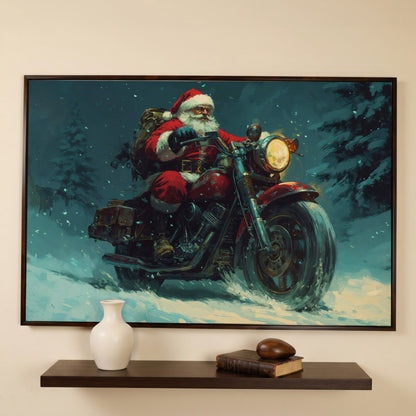 Santa on Motorcycle Canvas Print in dark walnut floating frame